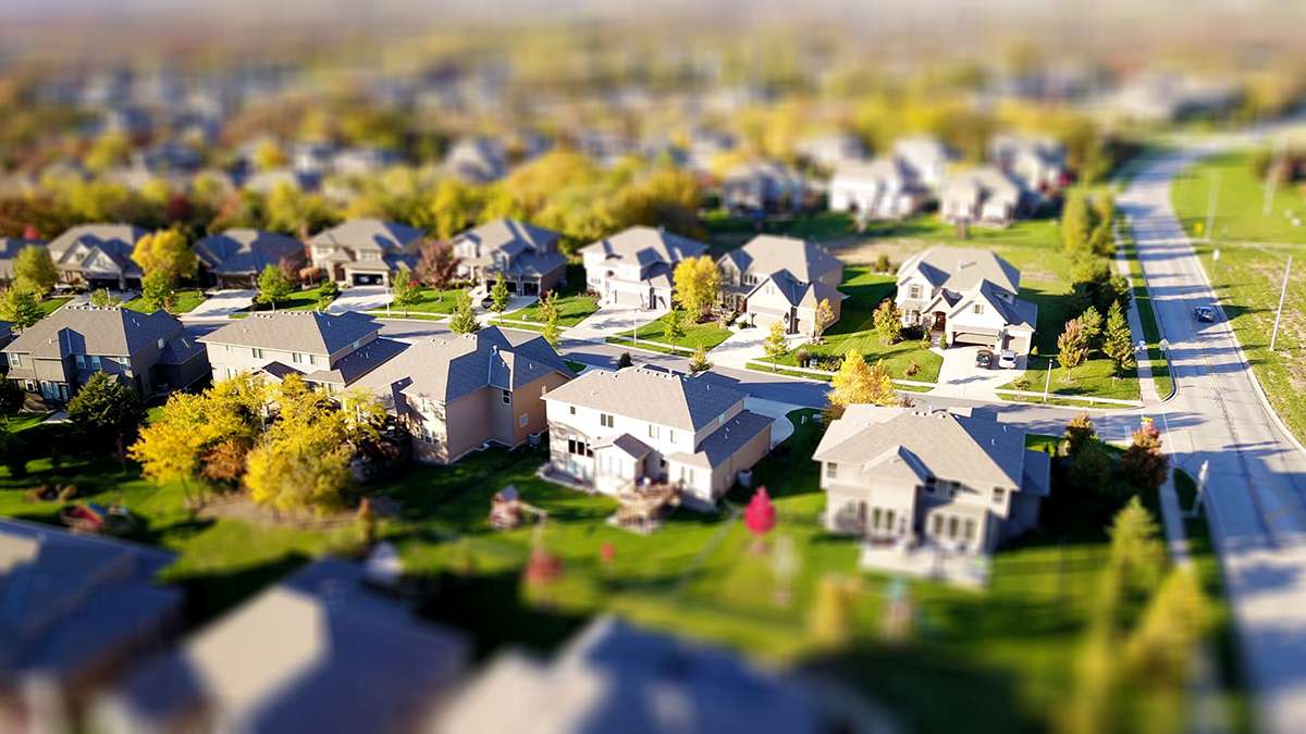 Aerial view of houses on a street