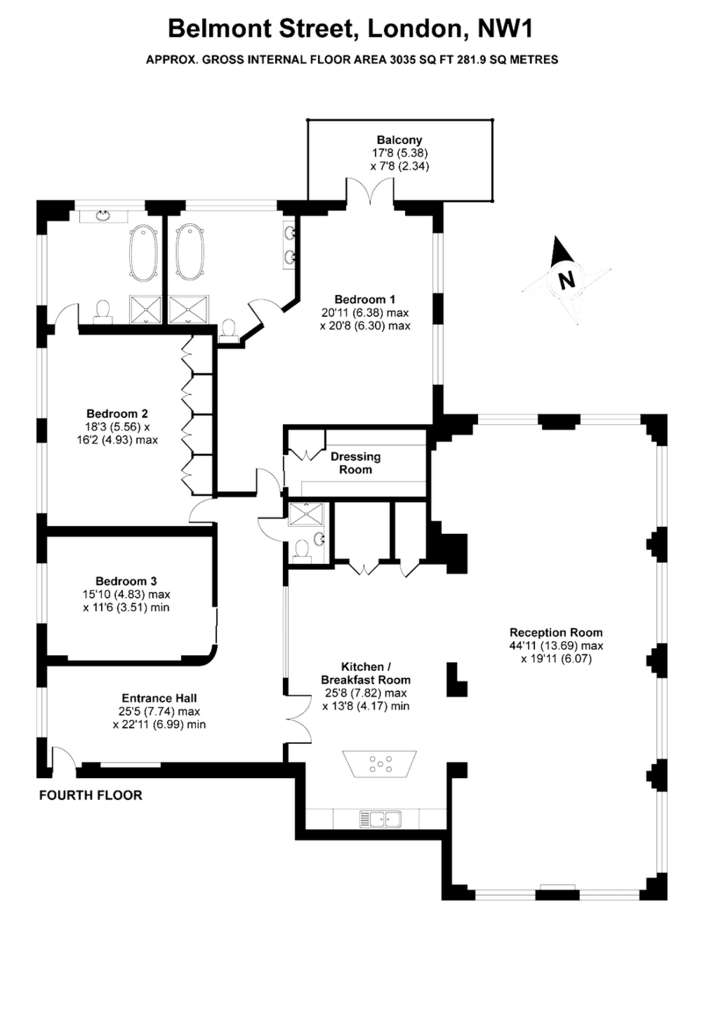 3 bedroom flat to rent - floorplan