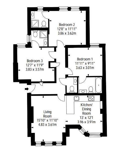 3 bedroom flat to rent - floorplan