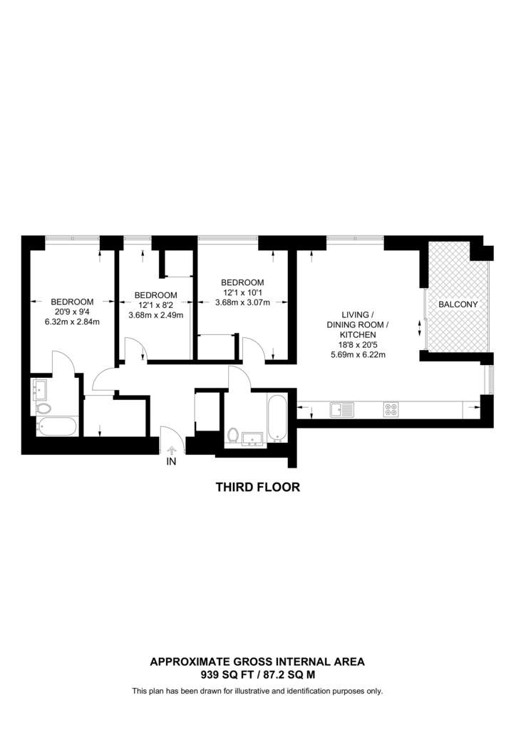 3 bedroom flat to rent - floorplan