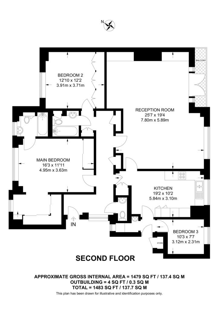 3 bedroom flat to rent - floorplan