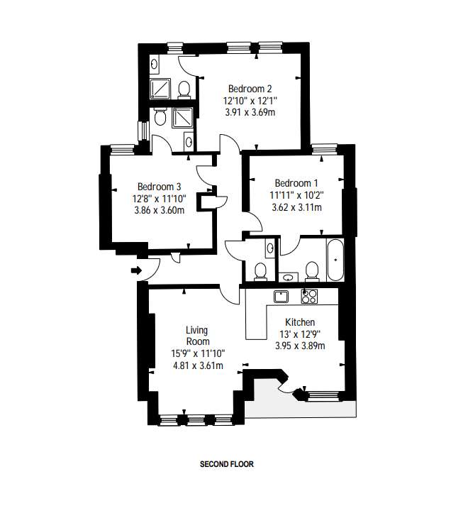 3 bedroom flat to rent - floorplan