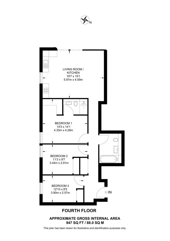 3 bedroom flat to rent - floorplan