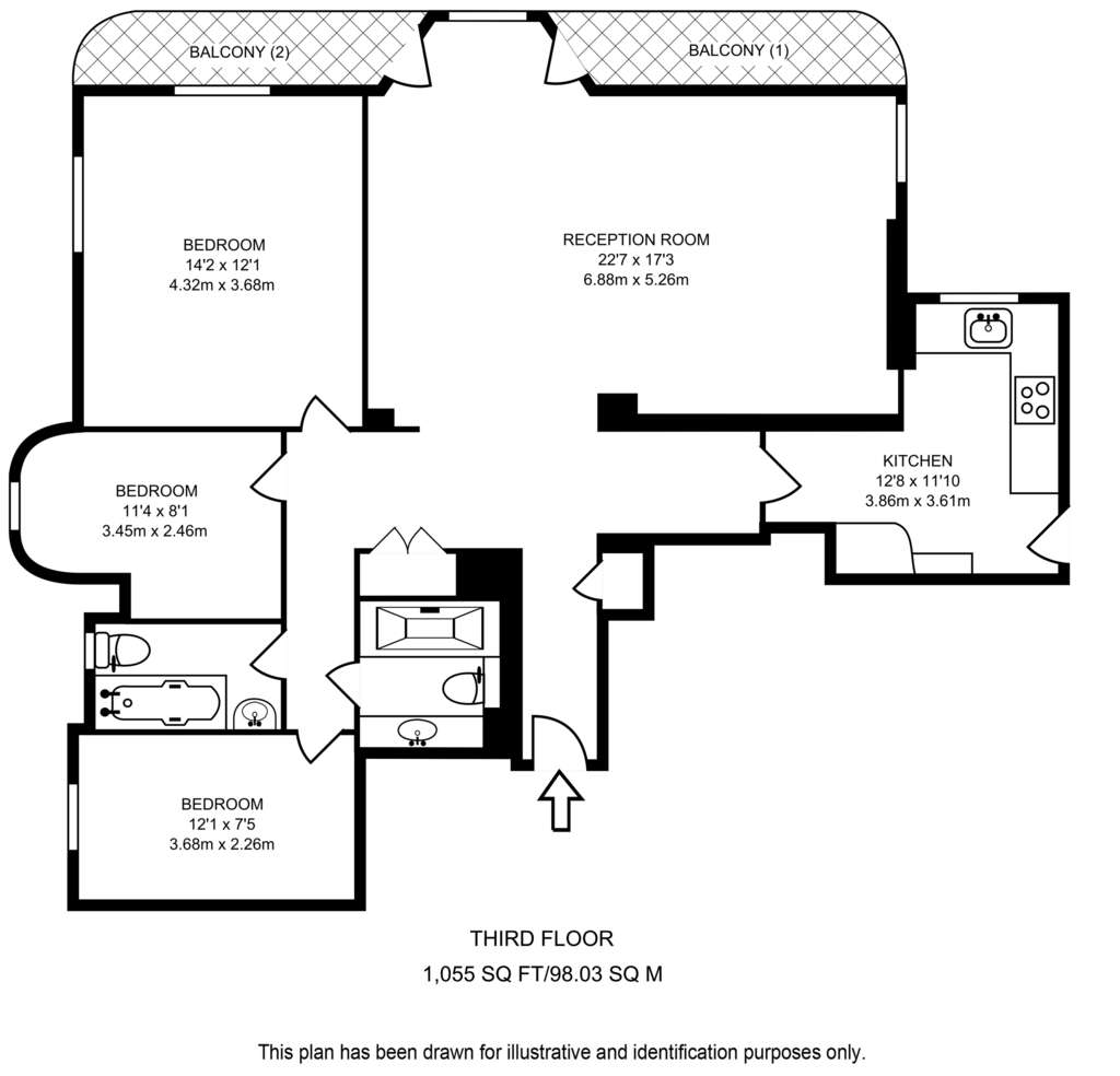 3 bedroom flat to rent - floorplan