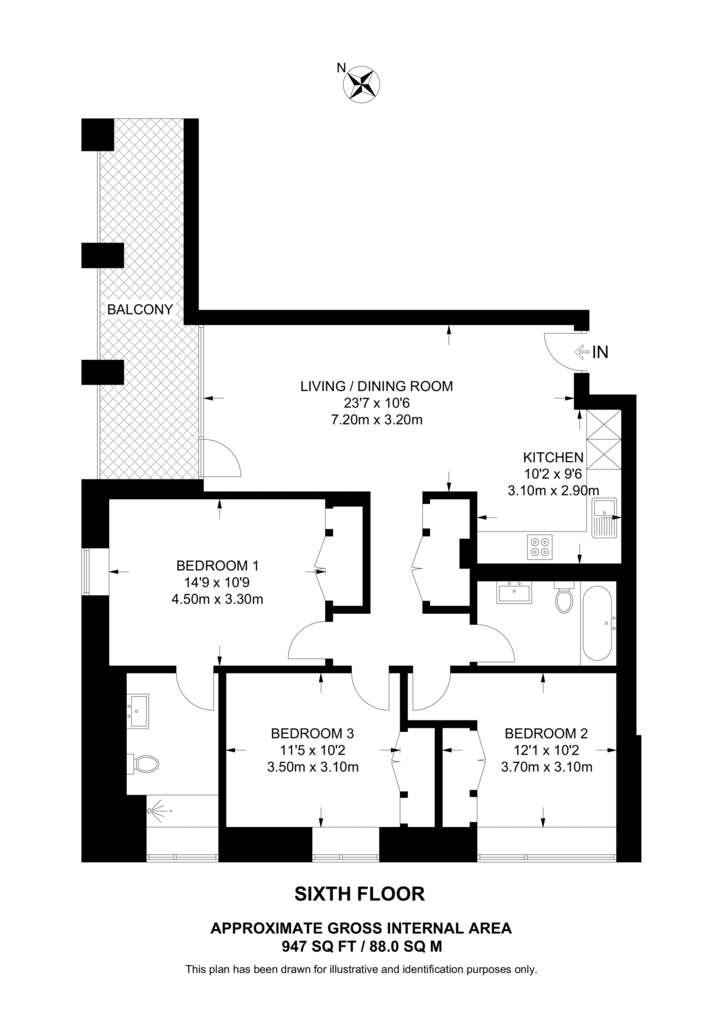 3 bedroom flat to rent - floorplan