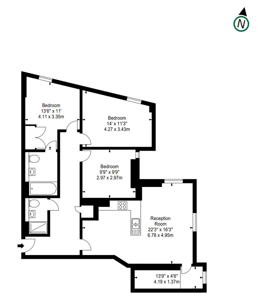 3 bedroom flat to rent - floorplan