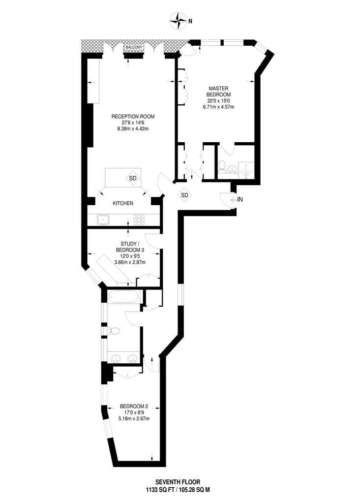 3 bedroom flat to rent - floorplan