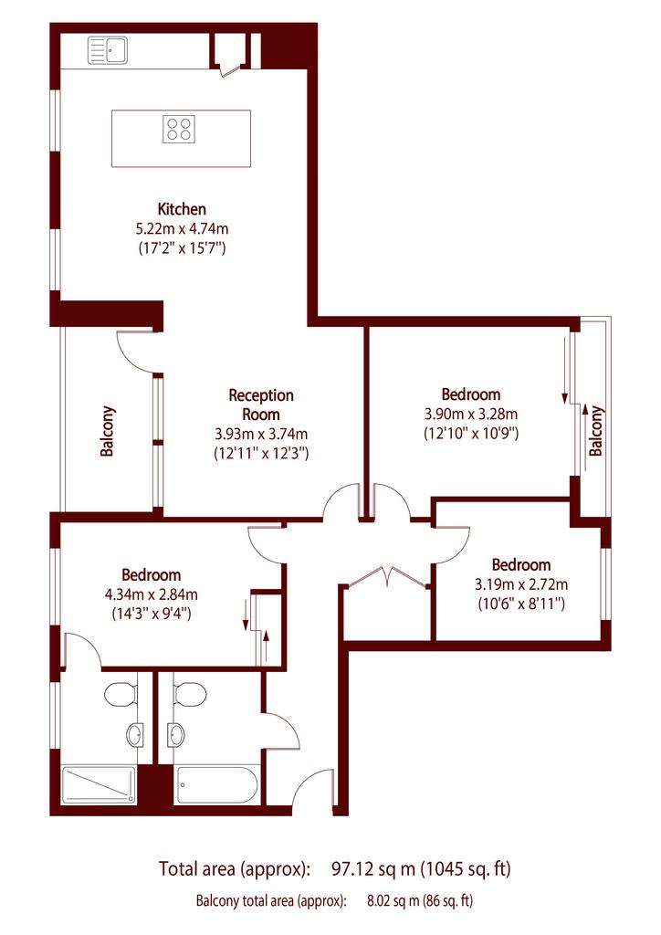 3 bedroom flat to rent - floorplan