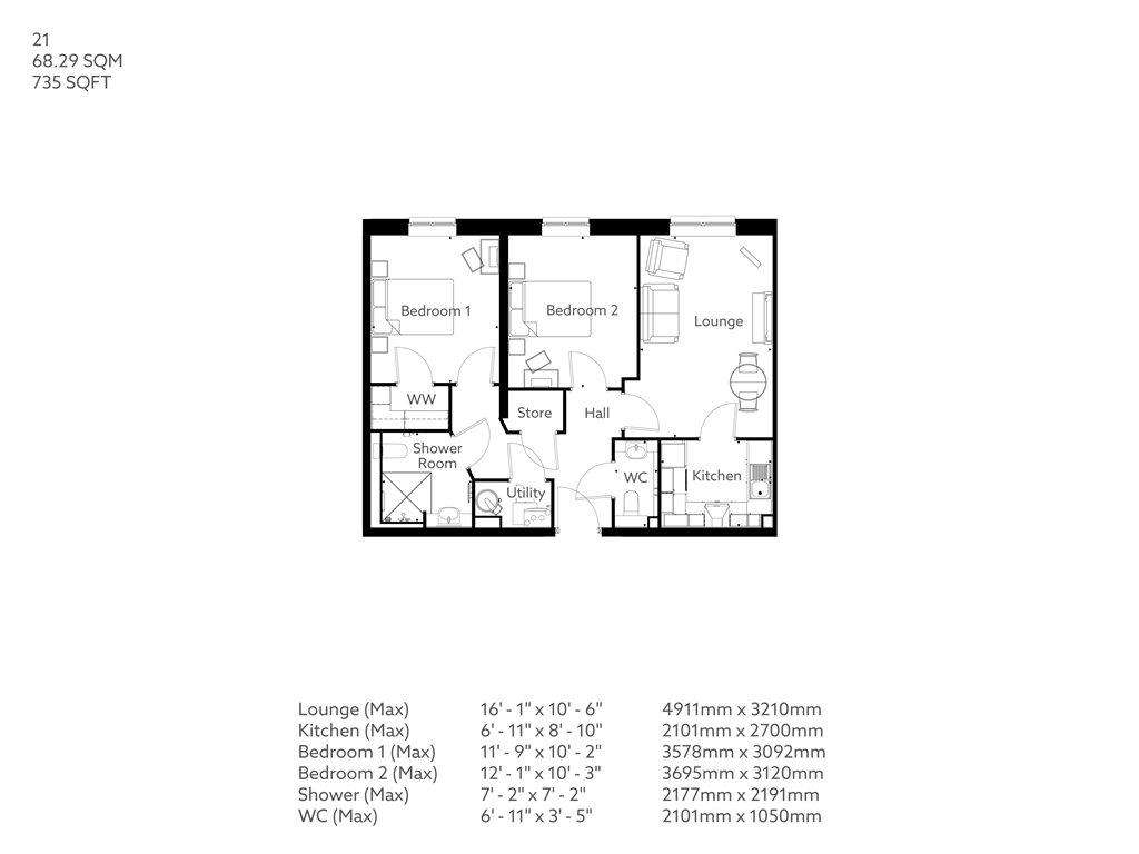 2 bedroom retirement property for sale - floorplan