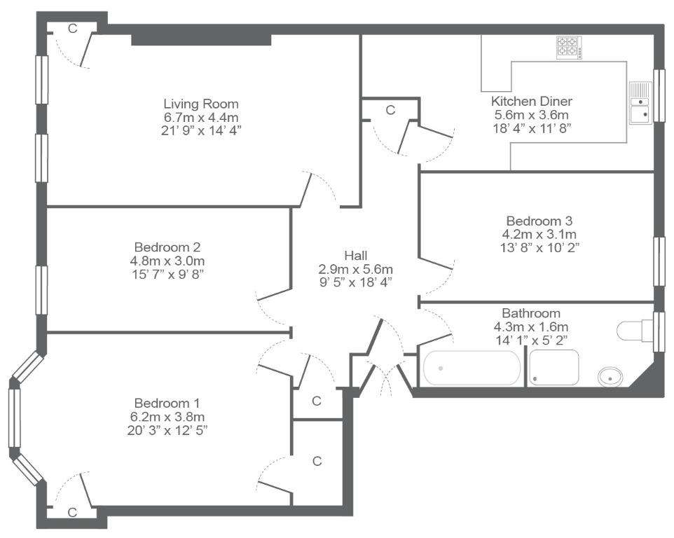 3 bedroom flat to rent - floorplan