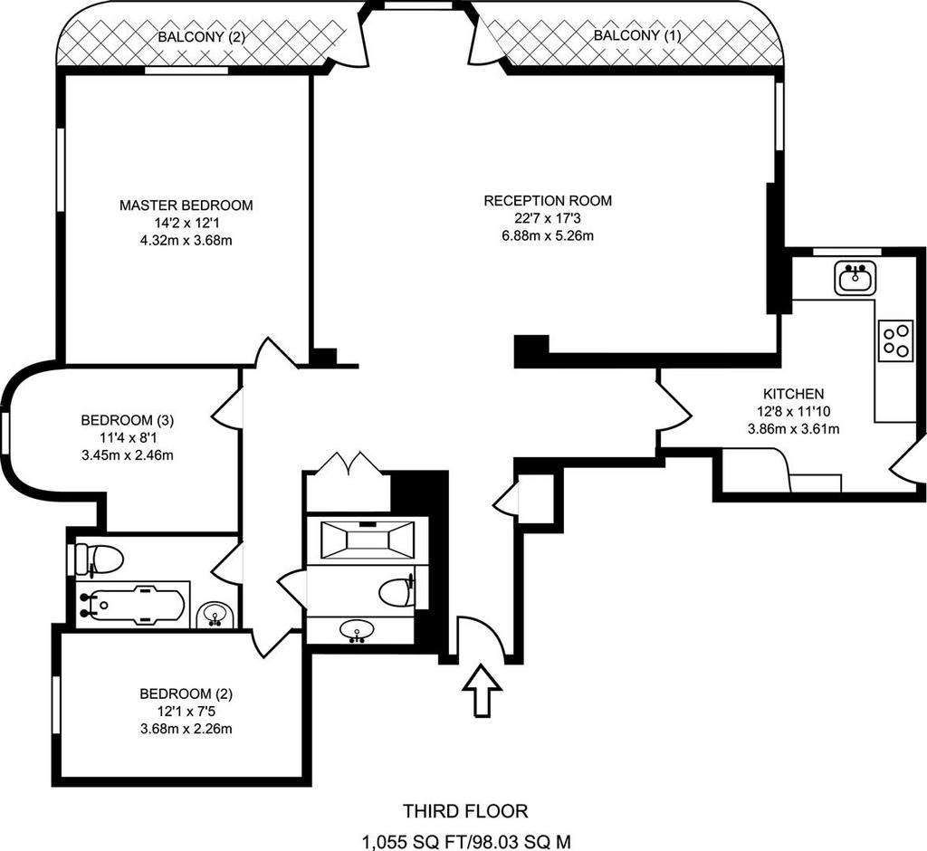 3 bedroom flat to rent - floorplan