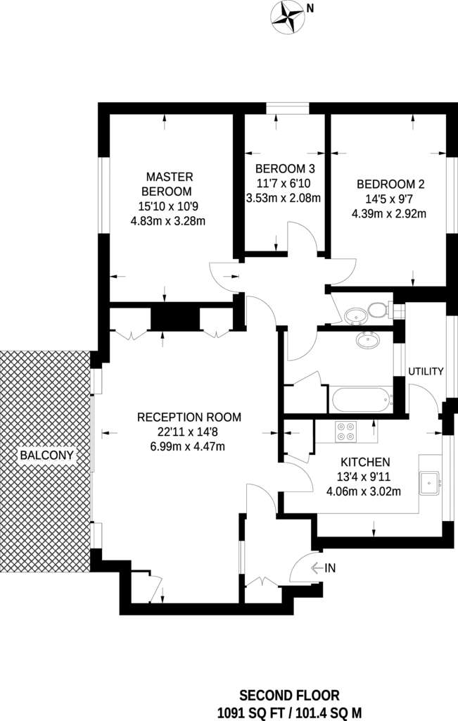 3 bedroom flat to rent - floorplan