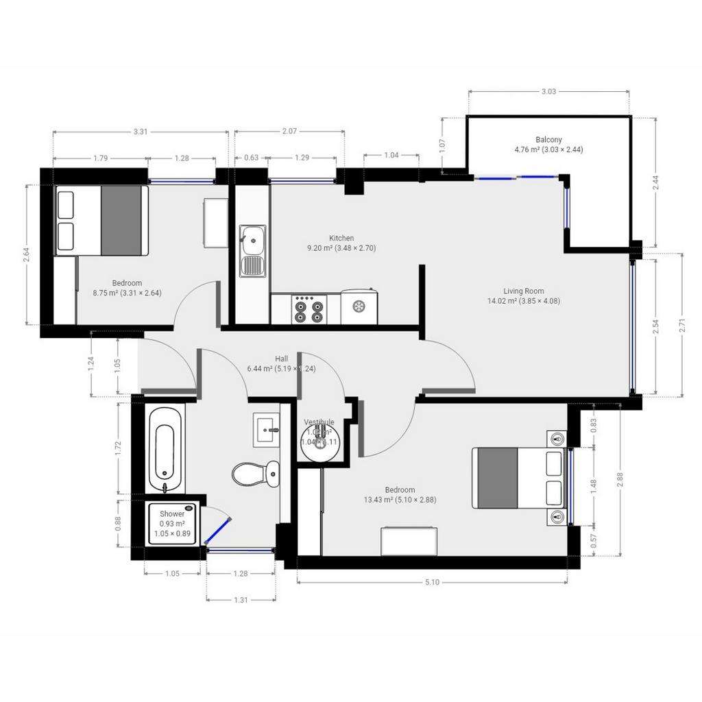 2 bedroom flat to rent - floorplan