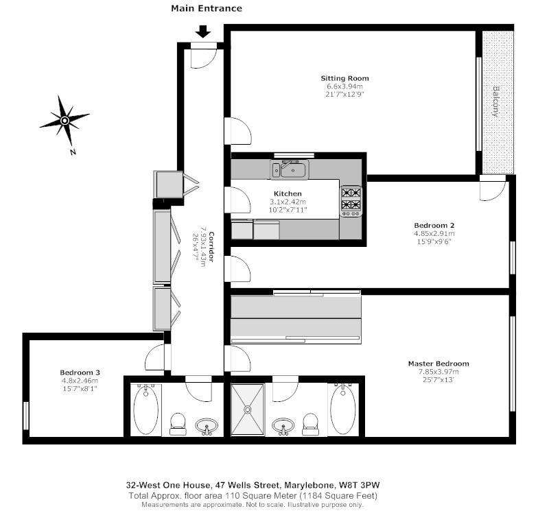 3 bedroom flat to rent - floorplan