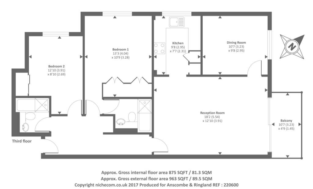 3 bedroom flat to rent - floorplan